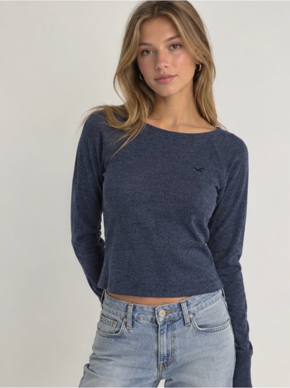 Hollister Heather Navy Boat Neck Cropped Pullover